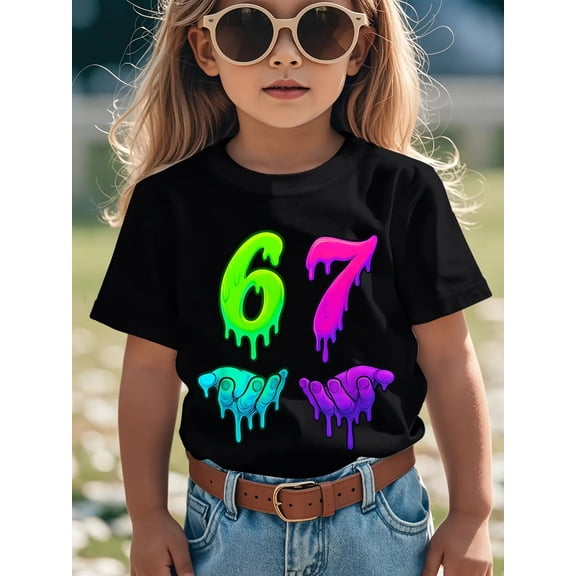 Neon Dripping 67 Number Graphic T Shirt For Kids Funny Cool Style Birthday Gift Unisex Short Sleeve Cotton Tee