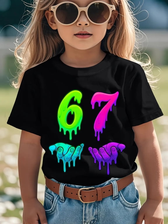 Neon Dripping 67 Number Graphic T Shirt For Kids Funny Cool Style Birthday Gift Unisex Short Sleeve Cotton Tee