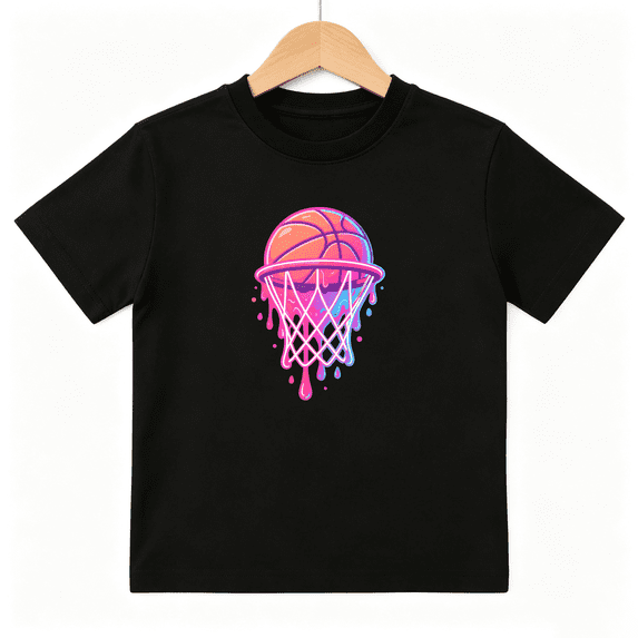 Neon Dripping Basketball Hoop Boys Graphic Tee, Cool Cyberpunk Sports 100% Cotton Kids Short Sleeve T-Shirt 4-13Y