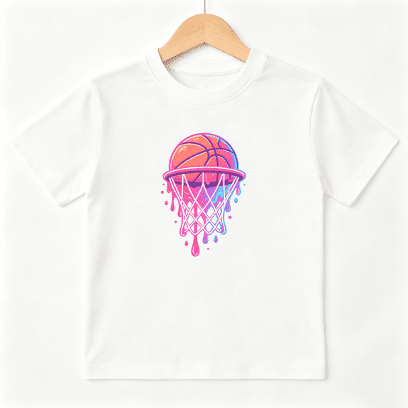 Neon Dripping Basketball Hoop Boys Graphic Tee, Cool Cyberpunk Sports 100% Cotton Kids Short Sleeve T-Shirt 4-13Y
