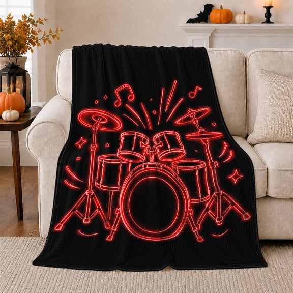 Neon Drum Kit with Music Notes and Stars, Cheerful Graphic Style for Drummers, Practice Room Beat and Graduation Gift, Cozy Flannel Blanket for Music Room and Dorm, Home Decor