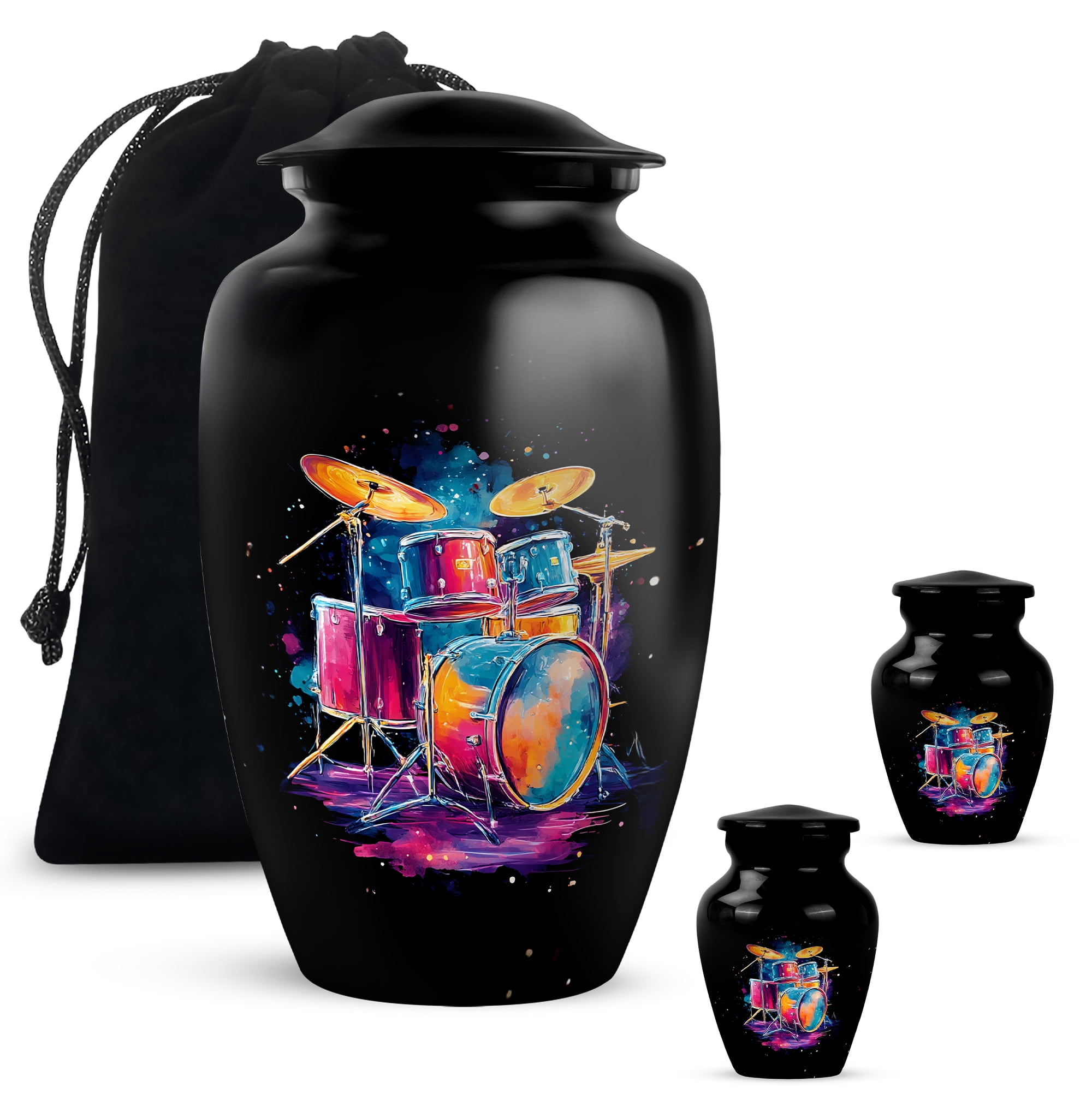 Neon Drummer Memorial Urns Set, Funeral Urn For Human Ashes Adult Female, Small Urn For Human Ash Keepsake, Musical Cremation Urns For Ashes Adult Male, (Size 10 Inch 1 Pcs & Size 3 Inch, 2 Pcs)