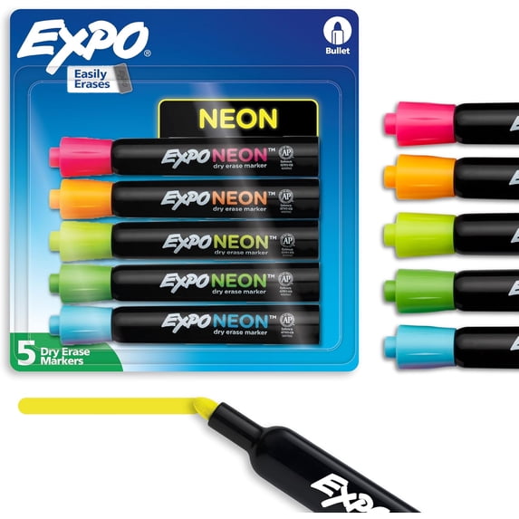 Neon Dry Erase Markers Bullet Tip Assorted Colors 5 Count