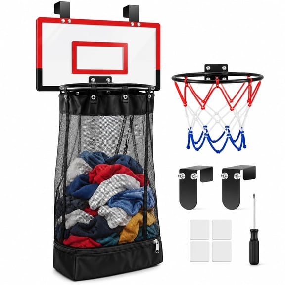 Neon Dunk Hamper, Over-the-Door Basketball Laundry Basket with Acrylic Backboard and Mesh Bag