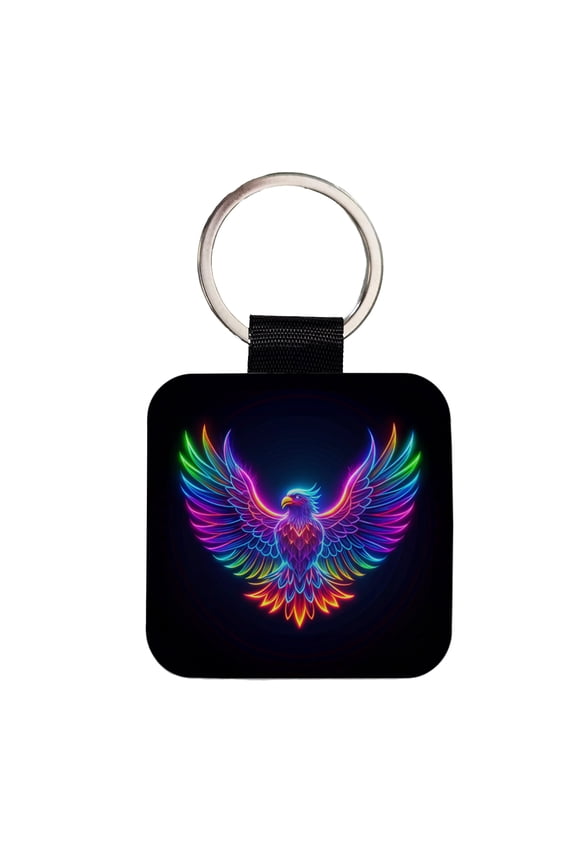 Neon Eagle Firebird Bird Faux Leather Square Keychain
