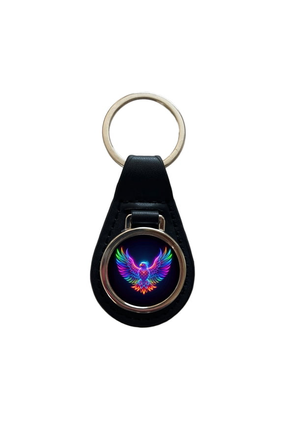 Neon Eagle Firebird Bird Metal Black Leather Keychain