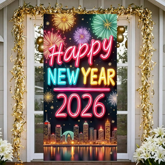 Neon Effect New Year Banner Colorful Fireworks 2026 Celebration Display City Night View Shiny Stars Happy NYE Backdrop for New Year Party NYE Celebration 2026 Event