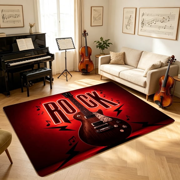 Neon Electric Guitar Rock Roll Floor Mat, Kitchen Bedroom Dorm Decor, Housewarming Gift for Rock Music Lovers