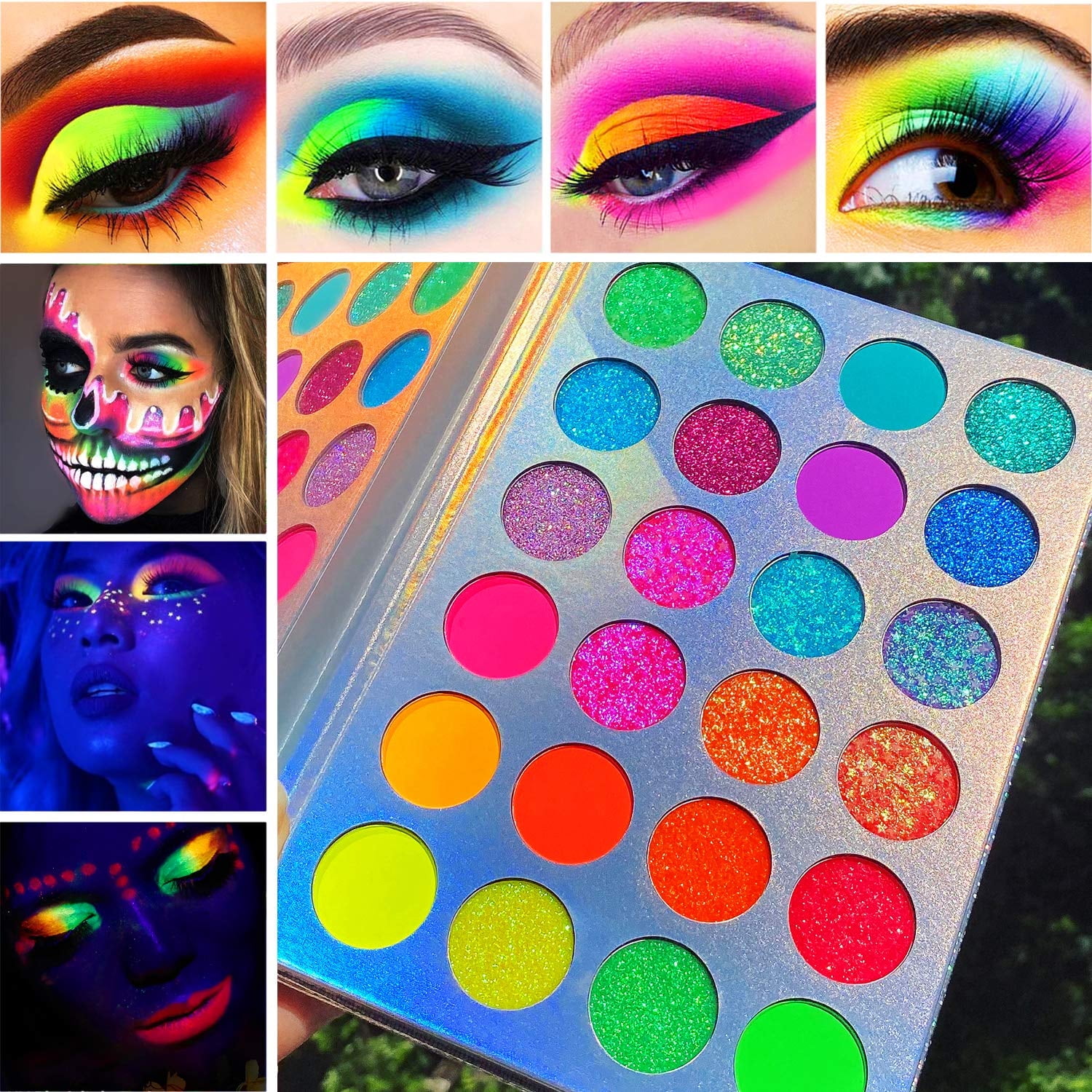 Neon Eyeshadow Palette Glow in Dark, Afflano Colorful Bright Eyeshadow Pallet Neon Luminous Glitter UV Glow Blacklight, Fluorescent Rainbow Eye Shadows Neon Pigments for Face Body Painting Makeup