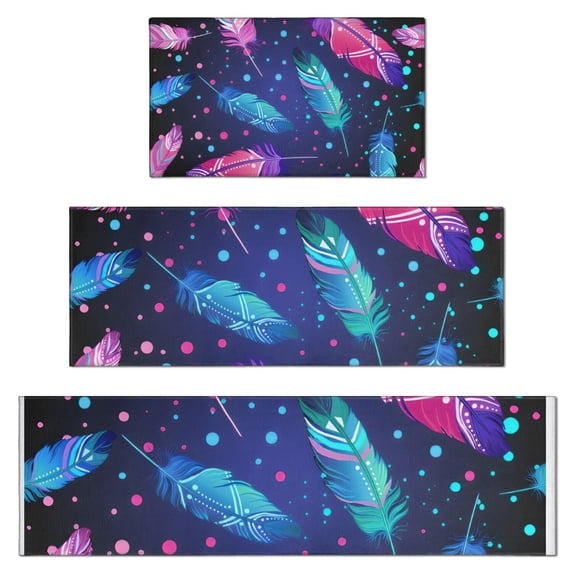 Neon Feather with Dots Pattern Kitchen Rugs Sets Of 3,Kitchen Runner Rugs Non Skid Washable,Decorative Kitchen Floor Mats for Kitchen,Sink,Laundry,17"x30"+ 17"x47" + 17"x59"