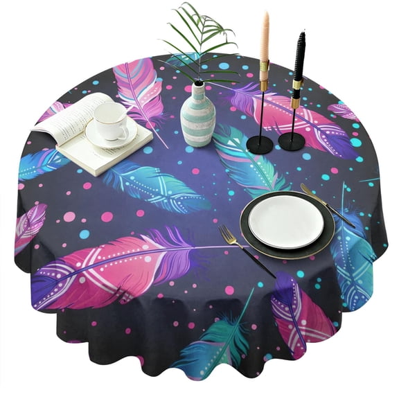 Neon Feather with Dots Pattern Round Tablecloth 60"x60",Wrinkle Wipeable Table Cloth for Kitchen Dining Room Picnic Patio Party