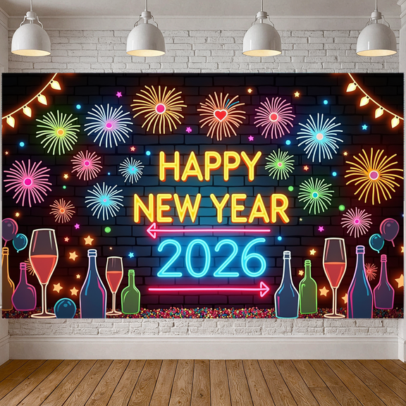 Neon Fireworks 2026 Happy New Year Banner Colorful Wine Glass for Celebration Festival Party Holiday