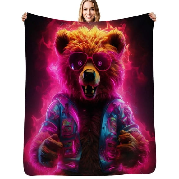 Neon Flame Bear Flannel Blanket Warm Soft Bedding Throws Winter Camping Chair Sofa Bed