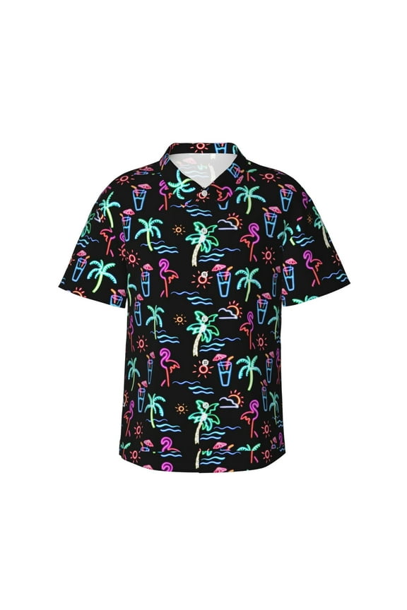 Neon Flamingo Men'S 3d Print Casual Button Down Shirts, Novelty Hawaiian Short Sleeves 2xl