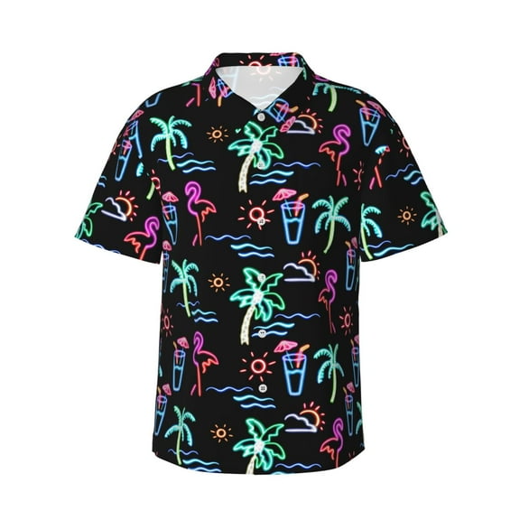Neon Flamingo Hawaiian Shirts For Men, Summer Short-Sleeve Relaxed-Fit Button-Down Shirts 3x-Large