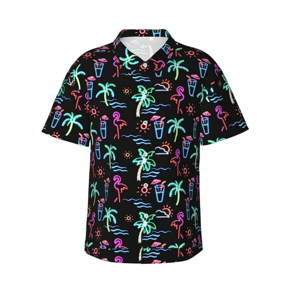 Neon Flamingo Men'S 3d Print Casual Button Down Shirts, Novelty Hawaiian Short Sleeves L