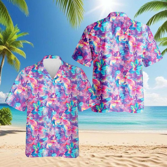Neon Flower Hawaiian Shirt for Men, Flower Lovers Gifts, Button Down Summer Beach Short Sleeve, Sizes S-5XL