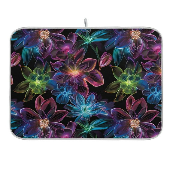 Neon Flowers Dish Drying Mat 16x18 Absorbent Microfiber Draining Rack Pad for Kitchen Counter Sink