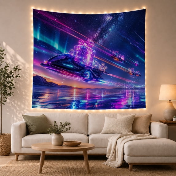 Neon Flying Car Carrying Gifts Over Frozen Aurora, Adventurous Fantasy for Sci-Fi Fans, Futuristic Space Wall Decor, Christmas Gift, Tapestry Wall Hanging for Living Room and Bedroom