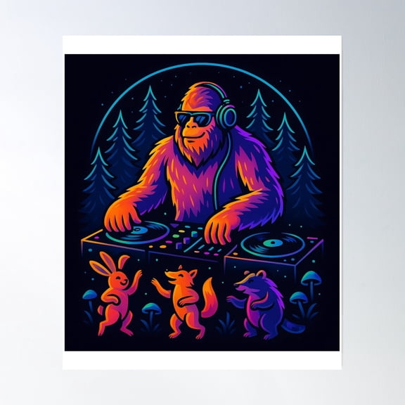 “Neon Forest Rave – Dj Bigfoot In The Wild” Poster Wall Art, Modern Wall Decor, 16x24 UNFRAMED