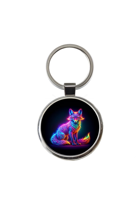 Neon Fox Metal Round Keychain