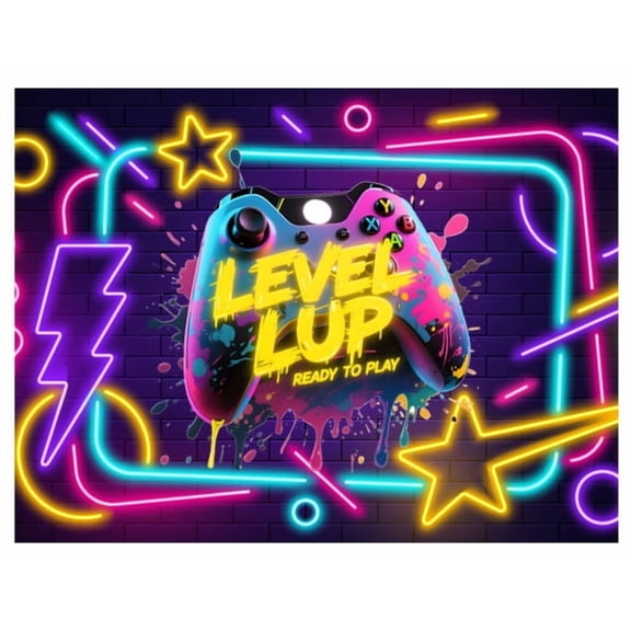 Neon Fun Happy Birthday Level Up Gamer Controller Theme Edible Image Cake Topper for Half Sheet Cake, by Tnct. (1 Count)