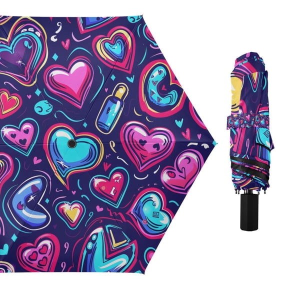 Neon Funny Cartoon Hearts Compact Sun Umbrella Windproof Travel Umbrellas for Rain Strong Portable UV Protection