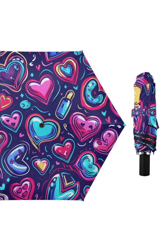 Neon Funny Cartoon Hearts Compact Sun Umbrella Windproof Travel Umbrellas for Rain Strong Portable UV Protection