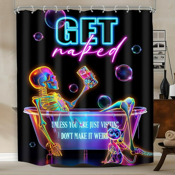 Neon Funny Skull Shower Curtain Skeleton Gothic Spooky Unique Cool Bone Black Halloween Cat Modern Bathroom Decor Colorful Bath Curtain Fabric Polyester With Hooks-60"W x 72"L (Pack of 1)