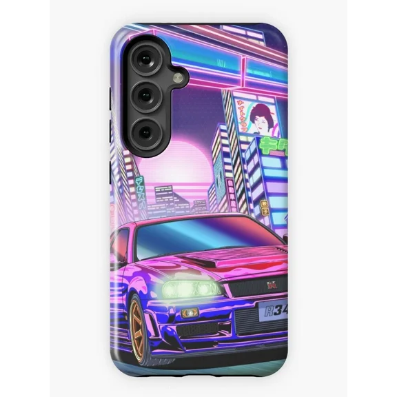 Neon GT-R R34 Cyberpunk Night City Car Case for iPhone 17 to 11 Pro Max