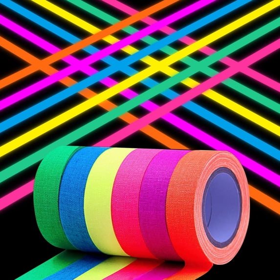 Neon Gaffer Cloth Tape, Durable Waterproof Material, For Crafting And Party Decoration, Glows Under UV/Black Light, Easy To Remove Without Residue, 6 Fluorescent Colors 0.6 Inch
