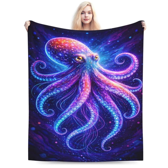 Neon Galaxy Octopus Blanket Cosmic Ocean Art Halloween Gift Soft Cozy Fleece Throw Blanket 50x40