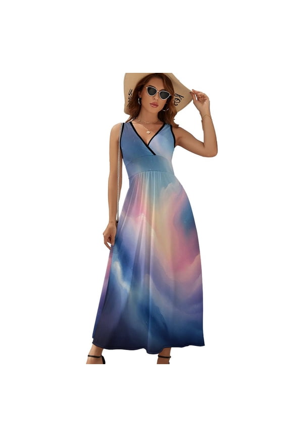 Neon Galaxy Universe Starlight Womens Night Club Maxi Dress V Neck Sleeveless Bohemia Long Dresses
