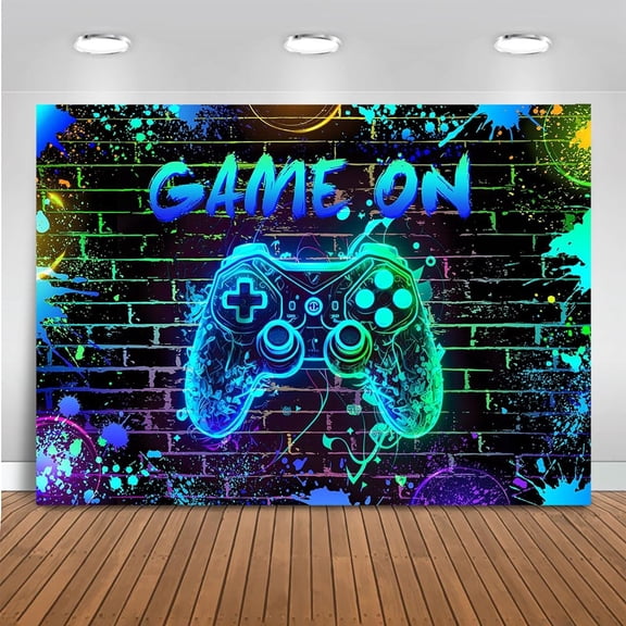 Neon Game Birthday Backdrop Blue Video Game for Boys Indoor Outdoor Happy Birthday Background Women Men Birthday Party Decorations Banner Photo Booth Props