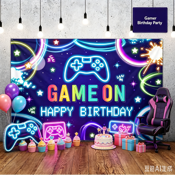 Neon Game On Birthday Backdrop, Video Game Controller Glow Star Space Polyester Photo Background Banner for Boys Gamer Birthday Party Decor 70.843.3 Inch