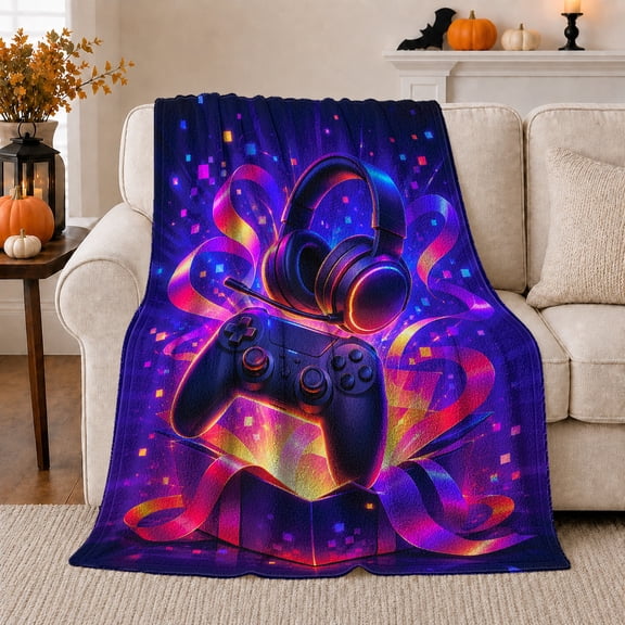 Neon Game Controller with Headphones, Energetic Graphic Style for Gamers, Cyber Gaming Gear Pattern and Birthday Gift, Cozy Flannel Blanket for Game Room and Bedroom, Home Decor