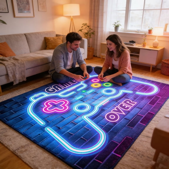 Neon Game ControllerMat, Soft Crystal Velvet Polyester Floor Rug For Bedroom Playroom Indoor Game Decor(Blue)
