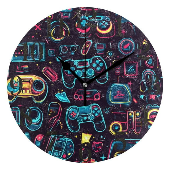 Neon Game Controllers Round Wall Clock Battery Operated Silent Non-Ticking Bedroom Office Kitchen Home School Decor 10"(Black)