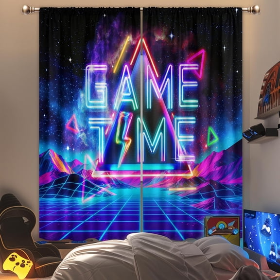 Neon Game Time Curtains for Bedroom 52Wx84H Inch Rod Pocket Gaming Cool Gamer Video Playroom Popular Space Galaxy Starry Night Men Teens Boys 2 Panel Window Treatment Set for Living Room Decor