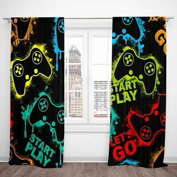 Neon Gamepad Gaming Curtains (2 panels): 41x82" polyester fabric. Modern decor for teen video game rooms  start-play design.