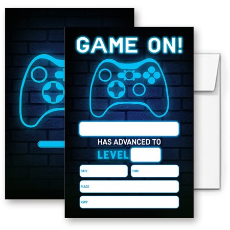Neon Gamer Bash Invitation - Exciting Digital Invite for Video Game Birthday Parties, Featuring a Blue Glow Design to Set the Perfect Gaming Atmosphere.