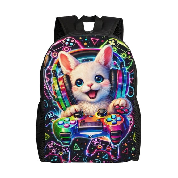 Neon Gamer Cat Backpack Large Capacity Laptop Bag for Men and Women