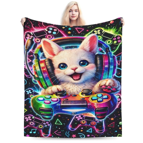 Neon Gamer Cat Blanket Colorful Gaming Controller Throw Headphone Kitty Fleece Cozy Soft Home Decor Gift for Adults 50x40