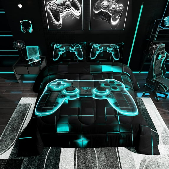 Neon Gamer Gifts Gaming Gifts Gamer Comforter Set Game Controller Bedding Set Geometric Gamer Decor Teen Down Comforter with 2 Pillowcases,Full,Blue Black