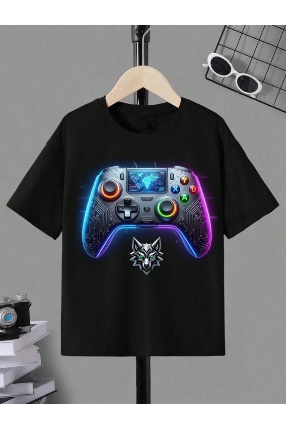 Neon Gamer T Shirt Cyber Controller Wolf Gaming Graphic Tee