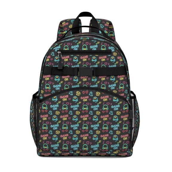 Neon Games Icon Black Pattern Backpack for School,Cute School Bag,Schoolbag with Adjustable Shoulder Straps & Padded Back,15.25"x11.5"x5.25"