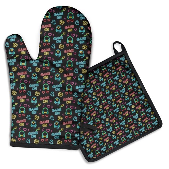 Neon Games Icon Black Pattern Kitchen Oven Mitt and Pot Holder Sets 2 Pcs for Baking, Cooking and Grilling, Heat Resistant Up To 392 °F