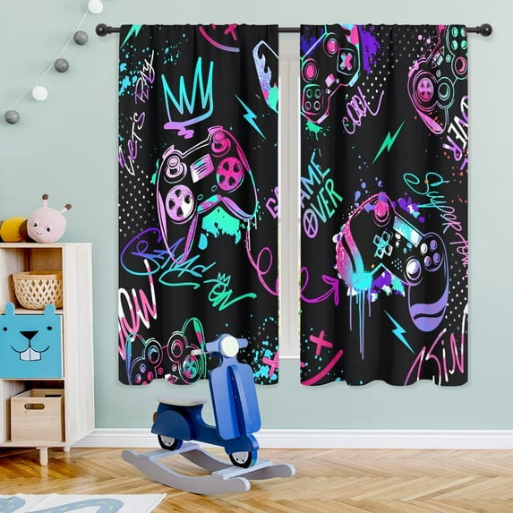 Neon Gaming Boys Curtains Gamer Video Games Controller Gamepad Modern Colorful Graffiti Cool Funny Rod Pocket for Kids Teens Men Bedroom Living Room Treatment Fabric 2 Panels 42Wx63H Inch