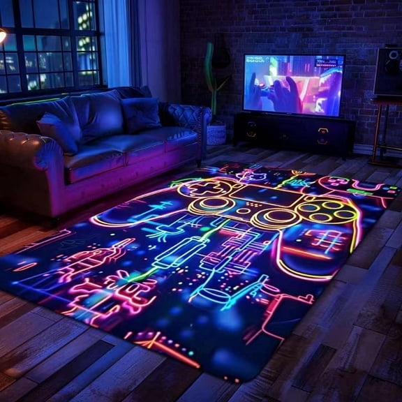Neon Gaming Controller Printed Area Rug, Non-Slip Glow-in-the-Dark Style Floor Rug for Game Room & Bedroom