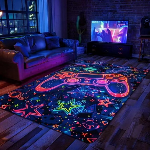 Neon Gaming Controller Printed Area Rug, Non-Slip Glow-in-the-Dark ...